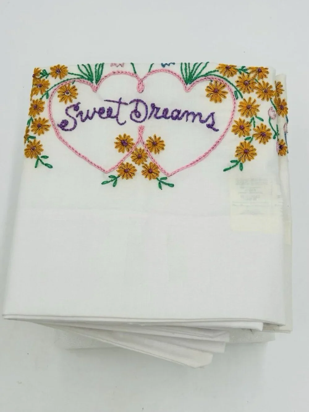 Vintage Hand Embroidered Pillowcases Pair Standard White Floral SWEET DREAMS